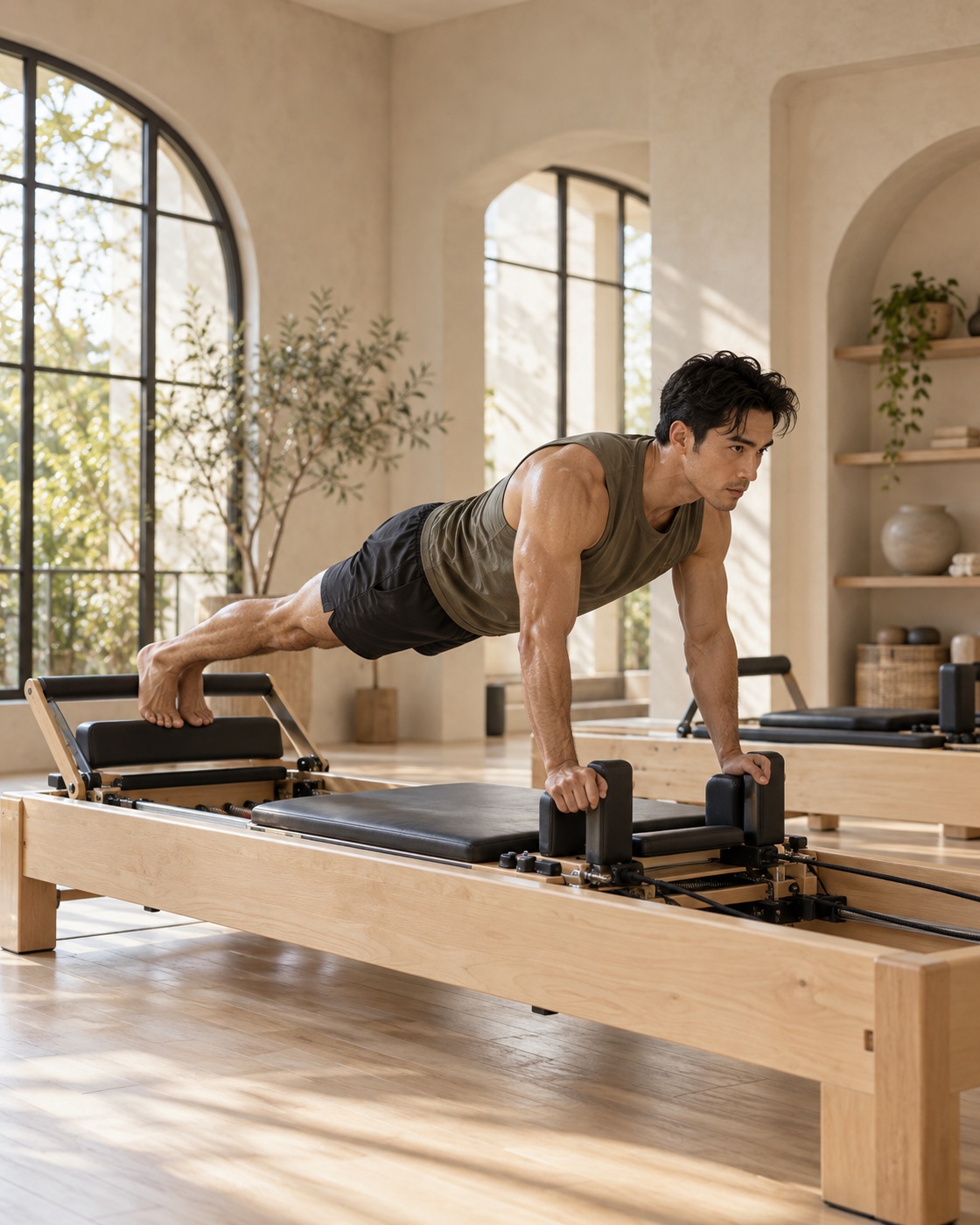 A man holds a strong plank on a reformer, hands on the shoulder blocks and feet on the footbar