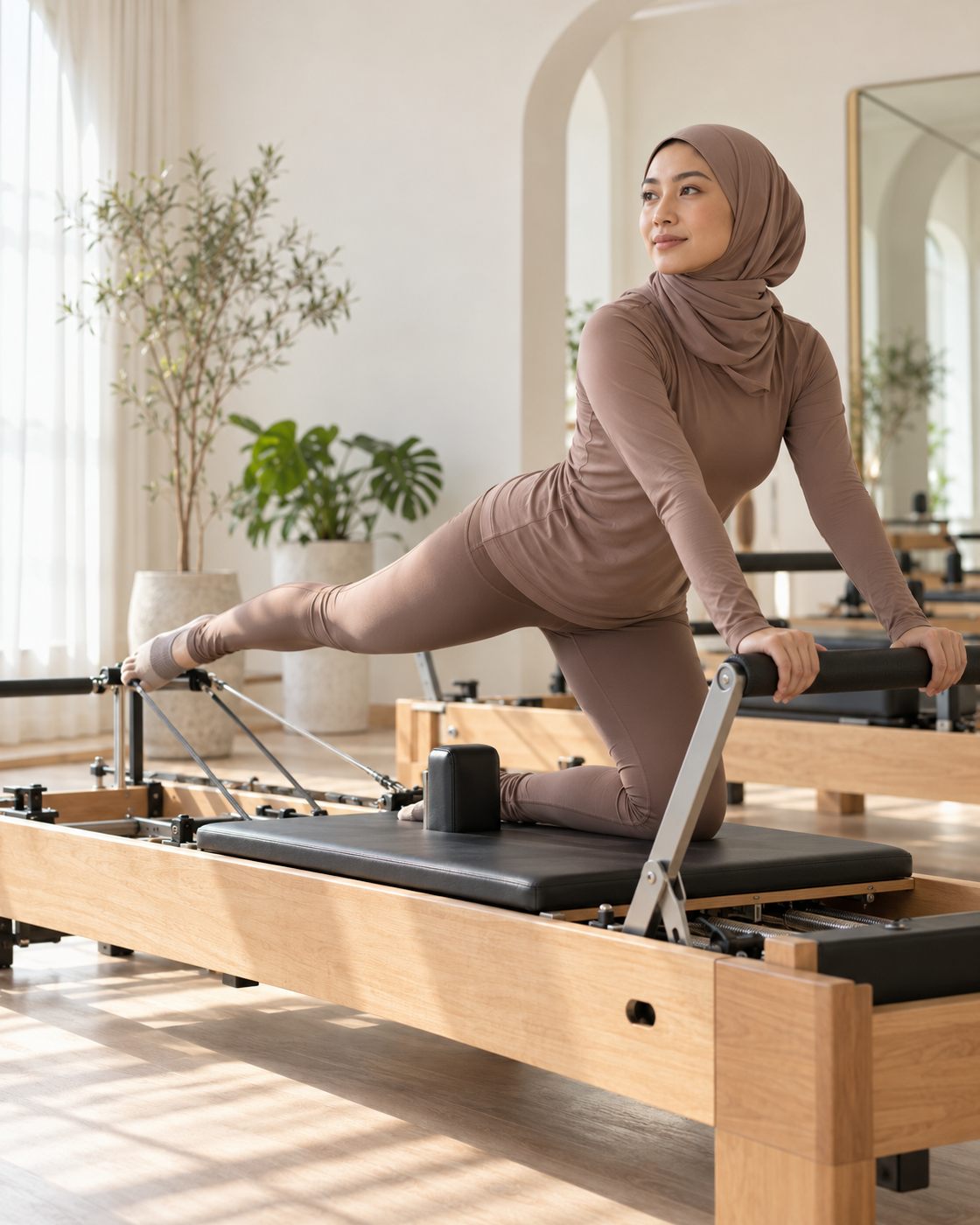 A woman in a mocha hijab and activewear mid-movement on a wooden reformer in soft daylight