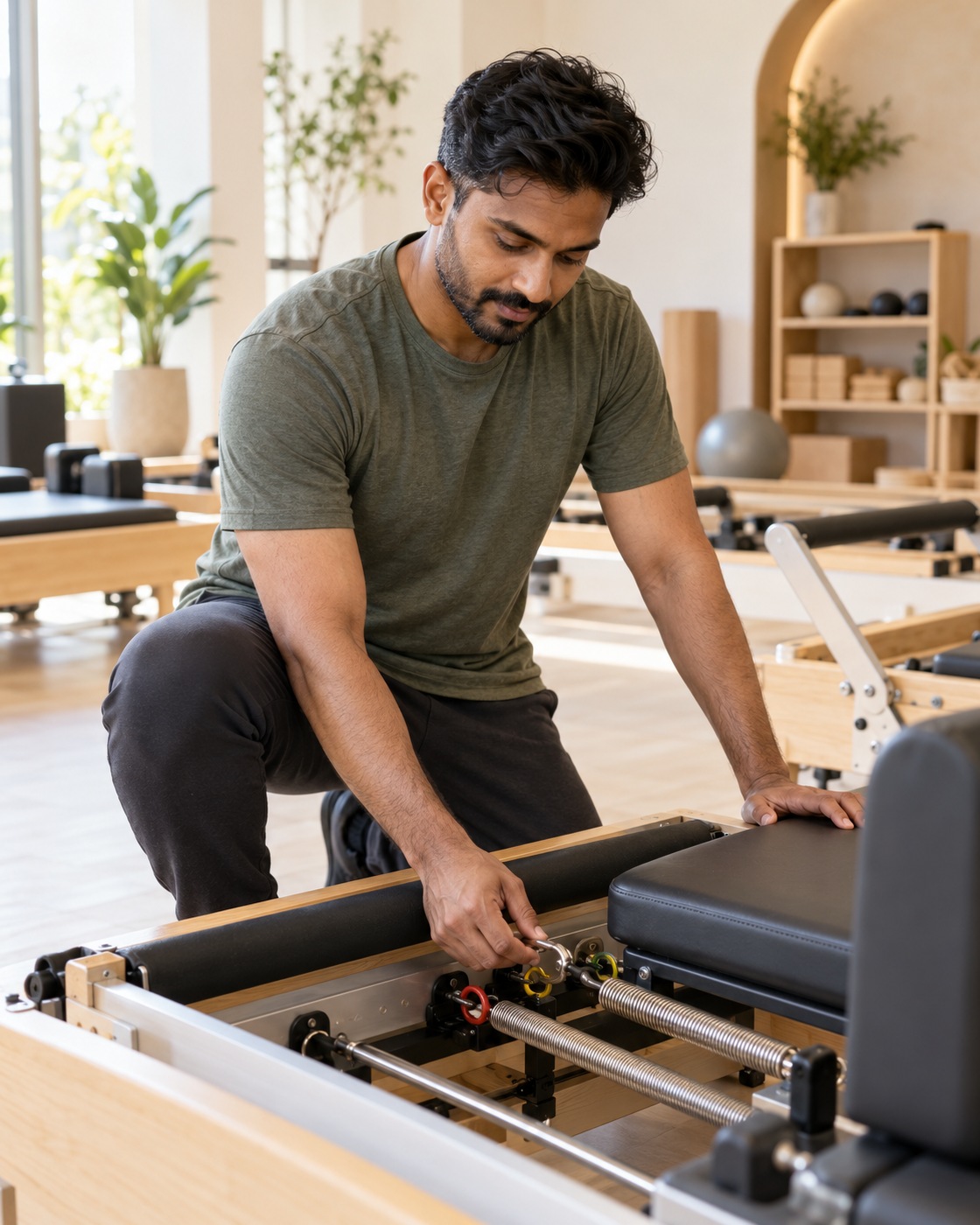 Arun Pillai crouching beside a reformer, adjusting the springs with care